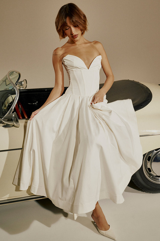 Strapless Deep Plunge Corset Boned Pleated A-Line Midi Dress