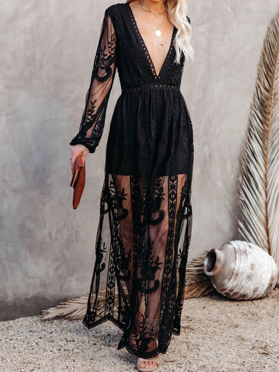 Lace Long-sleeved V-neck Solid Color Chiffon Long Dress
