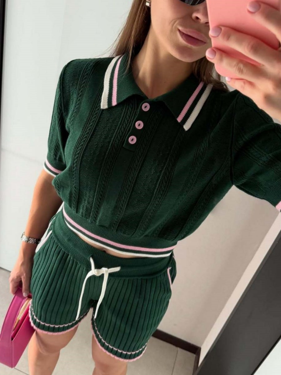 Academic Style Lapel Ice Silk Short Cardigan Color-blocked Drawstring Shorts Set 2-piece Sets