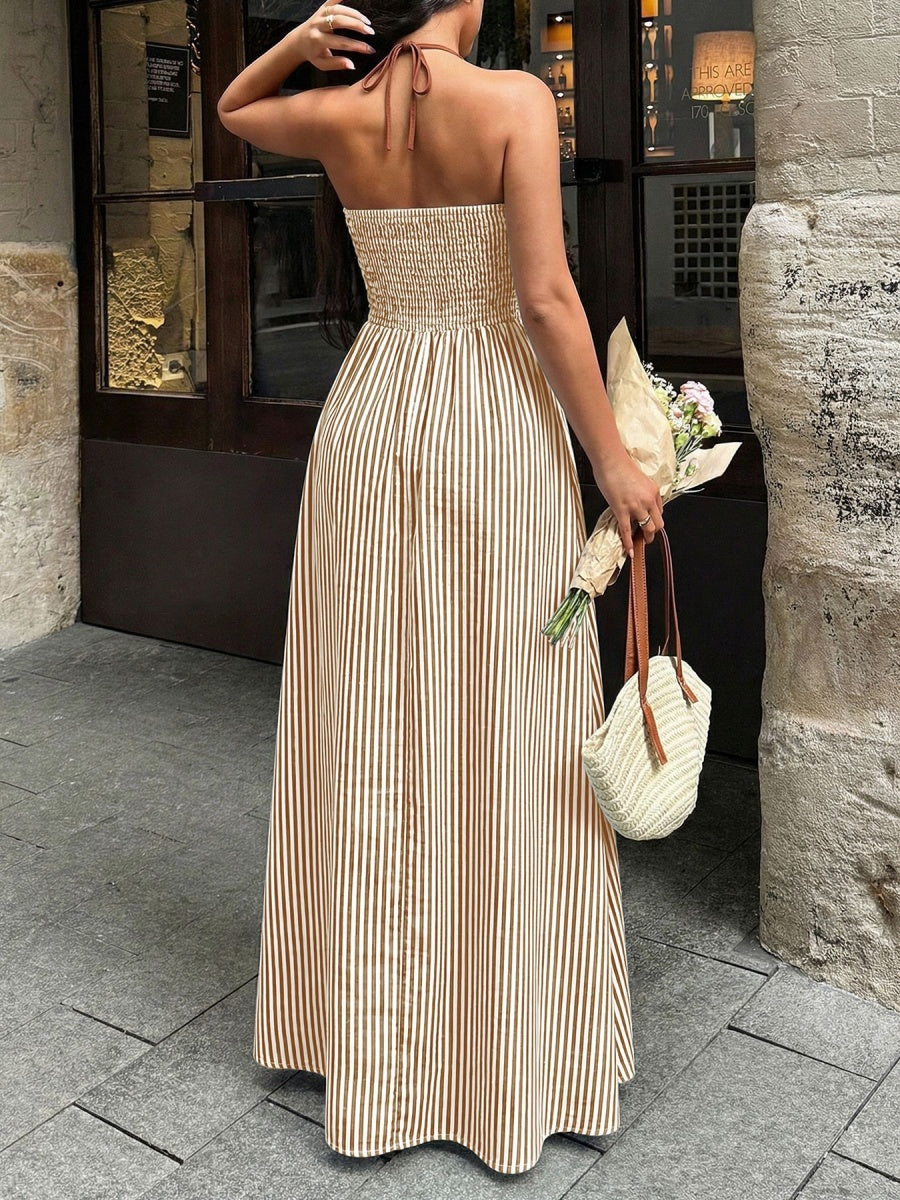 Stripes Color-blocked Splicing V-neck Hollow Maxi Dresses