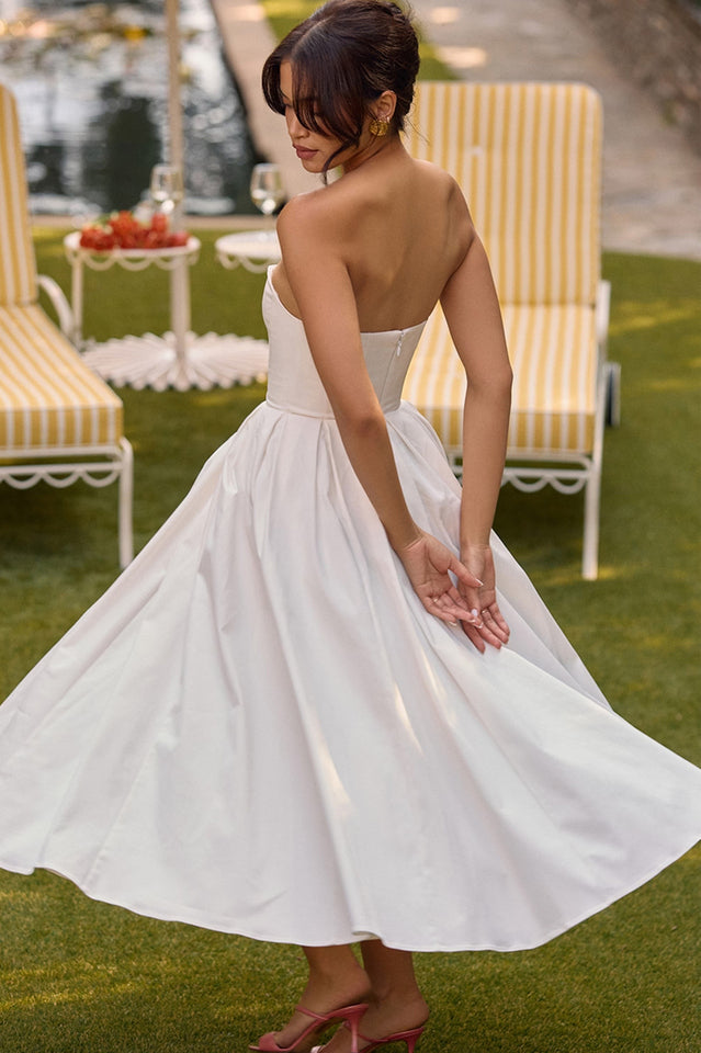 Strapless Princess Seam Pleated A-Line Midi Dress