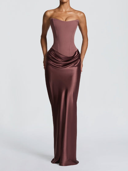 Satin Tie Ribbon Off-shoulder Sexy Strapless Bodycon Maxi Dress With Cinched Waist