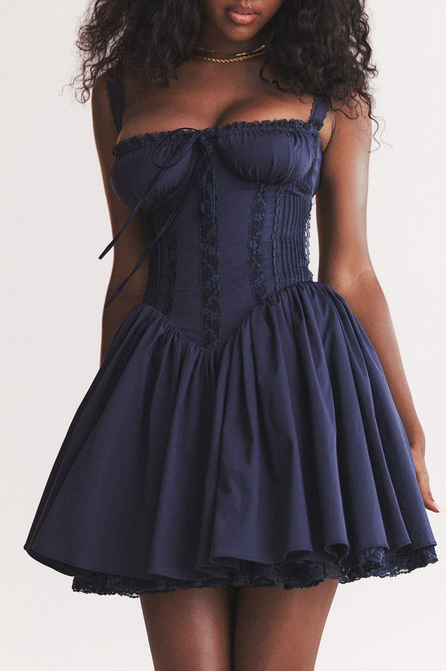 Square Neck Lace Trim Corset Bodice Pleated Fit and Flare Mini Dress