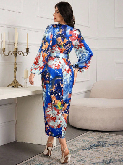 Printed V-neck Cardigan With Belt Midi Dresses