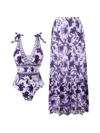 Blue And White Porcelain Print One-piece Slimming And Figure-flattering Long Swimsuit And Sun Protection Dress Two-piece Set