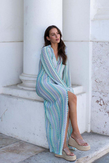 Scallop Circle Print Deep V-Neck Long Sleeve Front Slit Maxi Dress