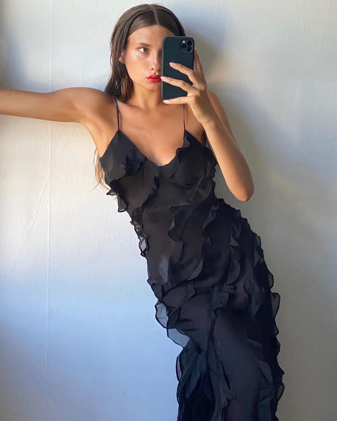 Spaghetti Strap V Neck Cascading Ruffle Slip Maxi Dress