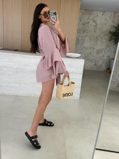 V-neck, Irregular Tie-waist, Long-sleeved, Loose-fitting Short Dress