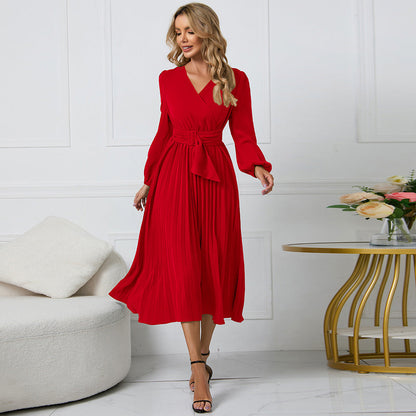 Wrap Surplice V-Neck Bishop Sleeve Sunray Pleated Belted Midi Dress