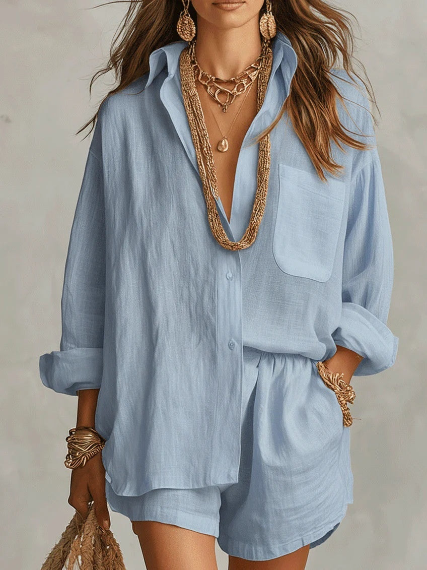 Lazy Style Shirt And Solid Color Shorts Two-piece Set