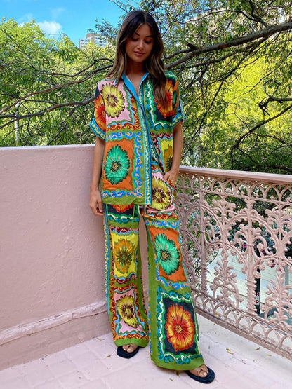 Printed Vacation Long-sleeved Shirt Pants Wide Leg Set 2-piece Sets