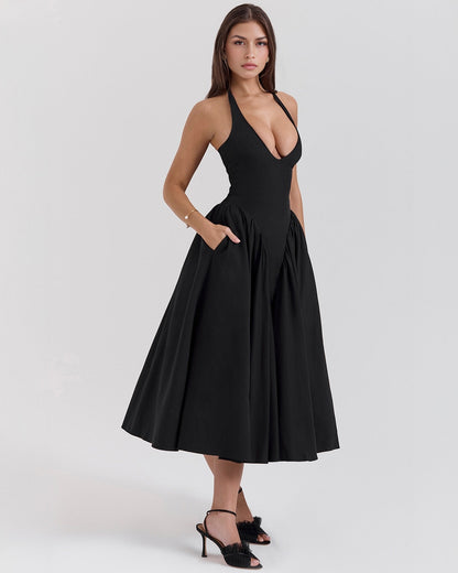 Halter Neck Plunging V Neck Dropped Waist Pleated Full Skirt Midi Dress