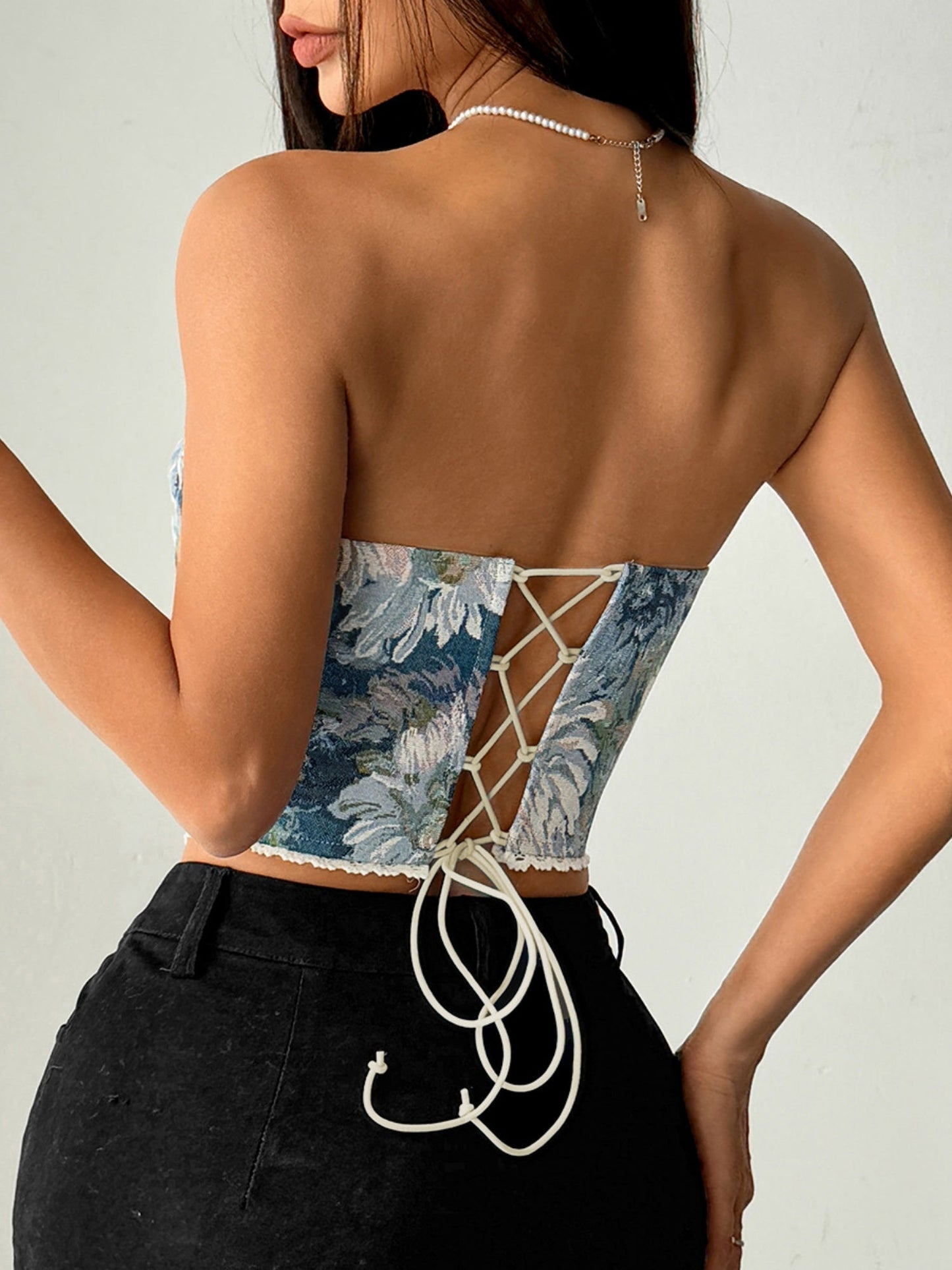 Floral Print Strapless Lace Tethered Fish Bones Strapless Bra