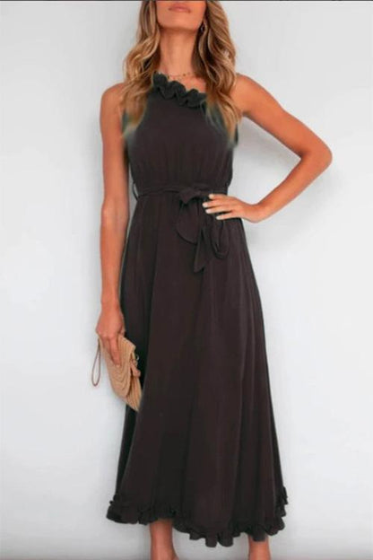 Margovil One Shoulder Sleeveless Tie Waist Ruffle Swing Dress