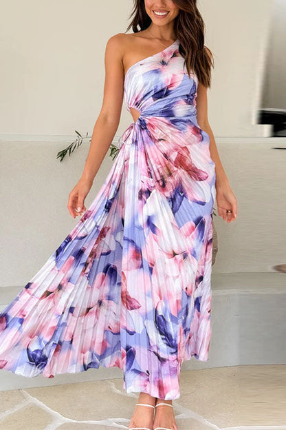 Margovil One Shoulder Sleeveless Cut Out Floral Print Pleated Maxi Dress