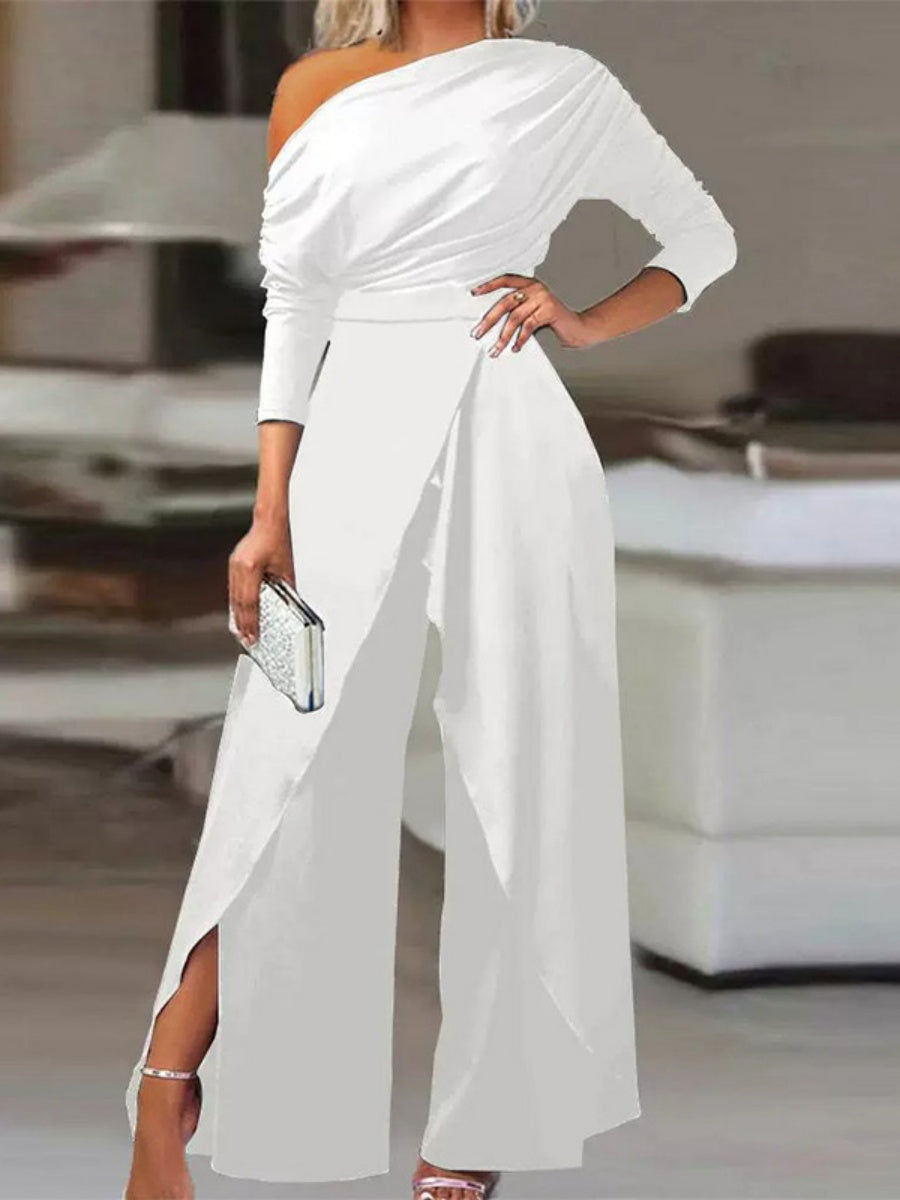 Sloping Shoulders Asymmetrical High Waist Slit Jumpsuits