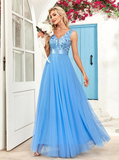 V-neck Embroidery Sequins Elegant Gauze Formal Dress Maxi Dresses