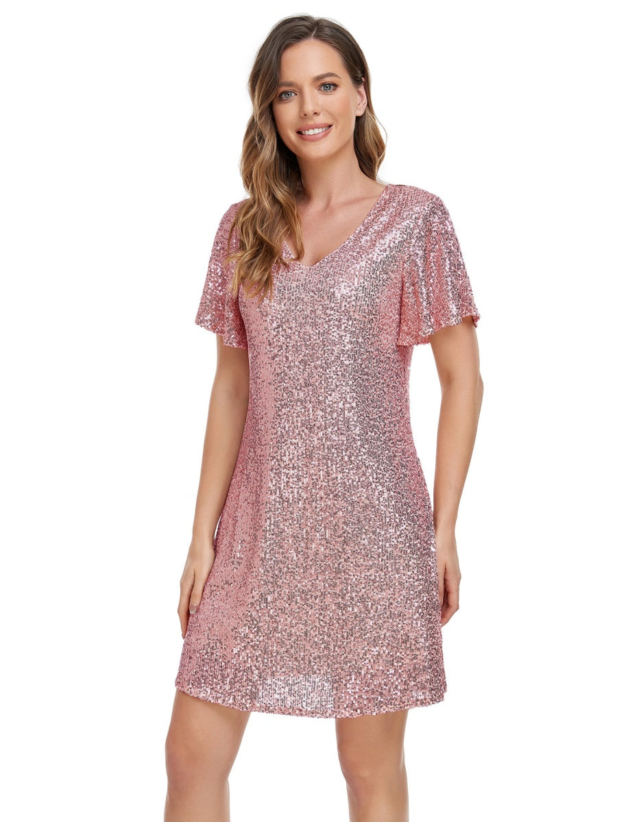 V-neck Fine Flash A Pendulum Mini&Short Dresses