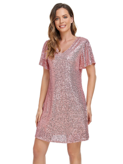 V-neck Fine Flash A Pendulum Mini&Short Dresses