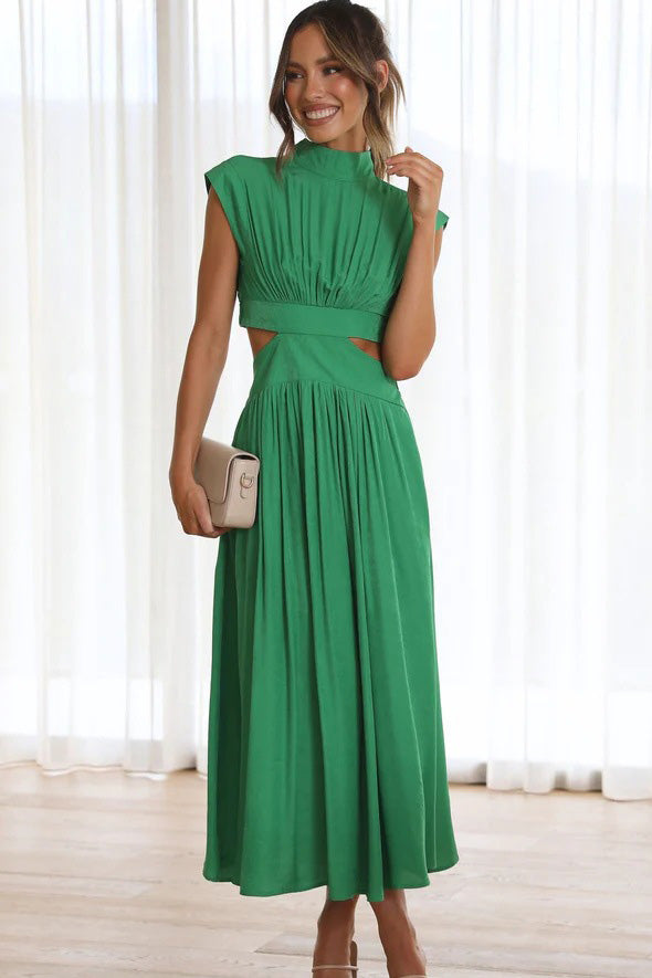 Mock Neck Ruched Bodice Waist Cut Out Flowy Midi Dress
