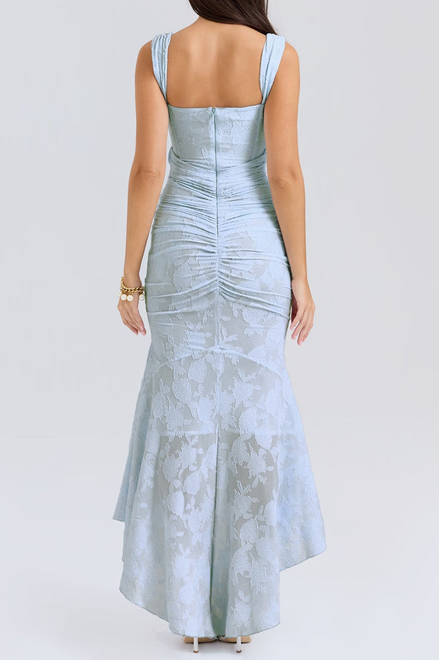 Floral Burnout Lace Corset Bodice Ruched Wrap High-Low Mermaid Midi Dress