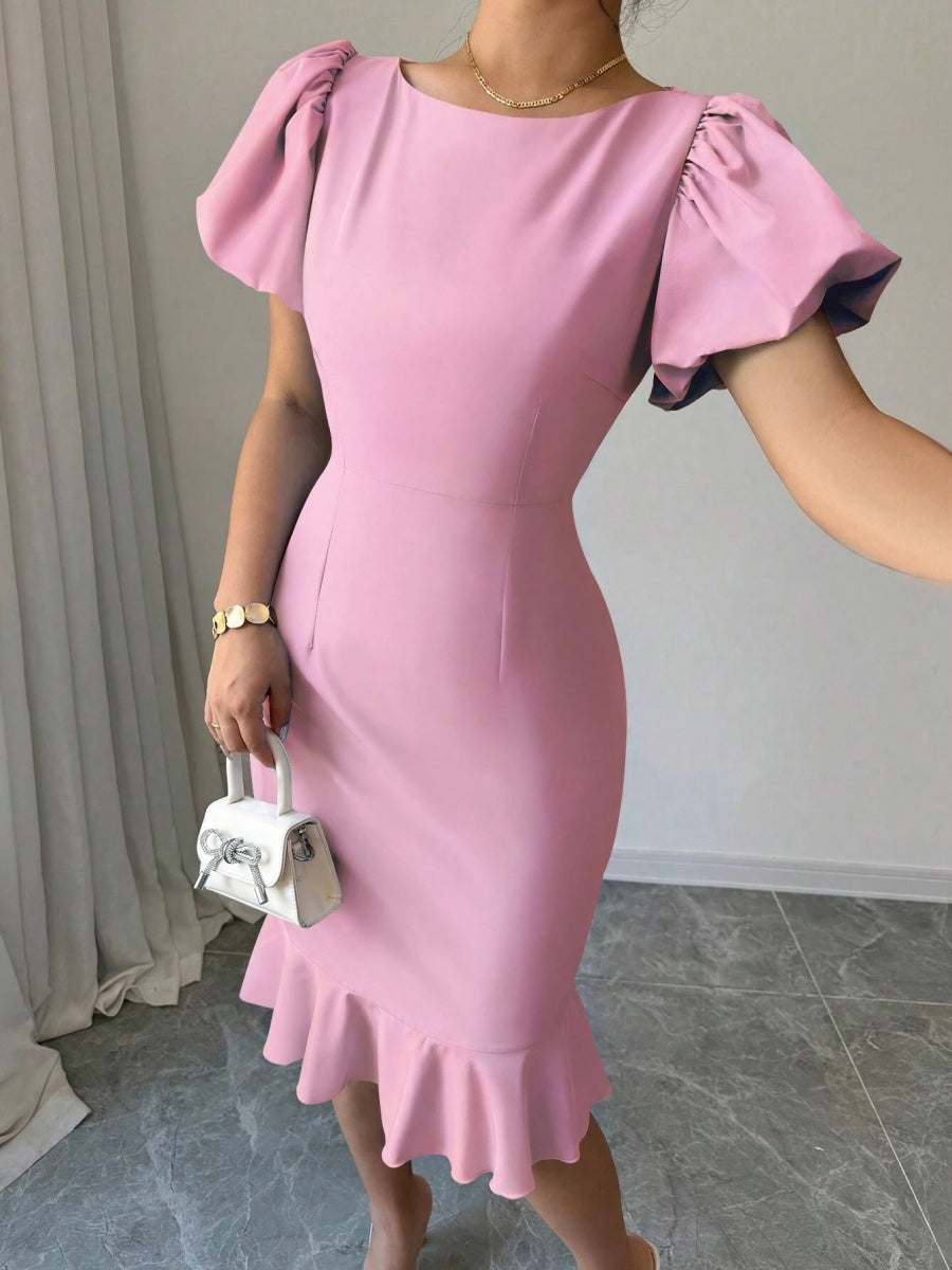 Round Neck Lantern Sleeve Ruffled Fishtail Midi Dress
