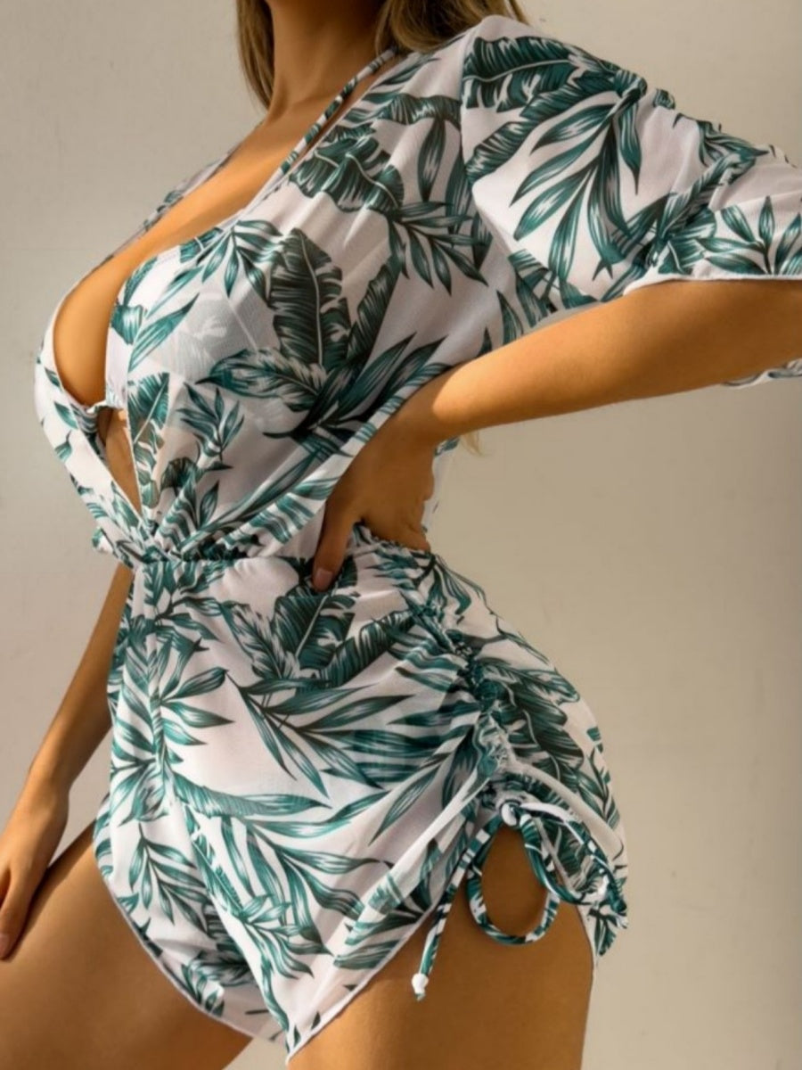 Leaf Print Waist-cinching Tie Long-sleeved Sun Protection Bikini Three-Piece Set