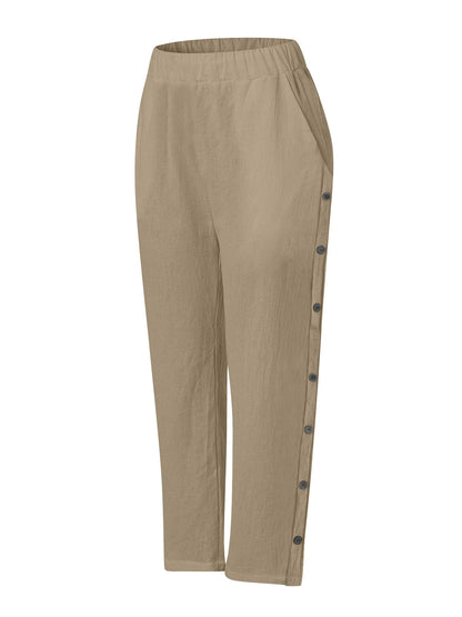 Breathable Cotton And Linen Cropped Trousers With Decorative Side Seams, Side Pockets, And A High Waist.