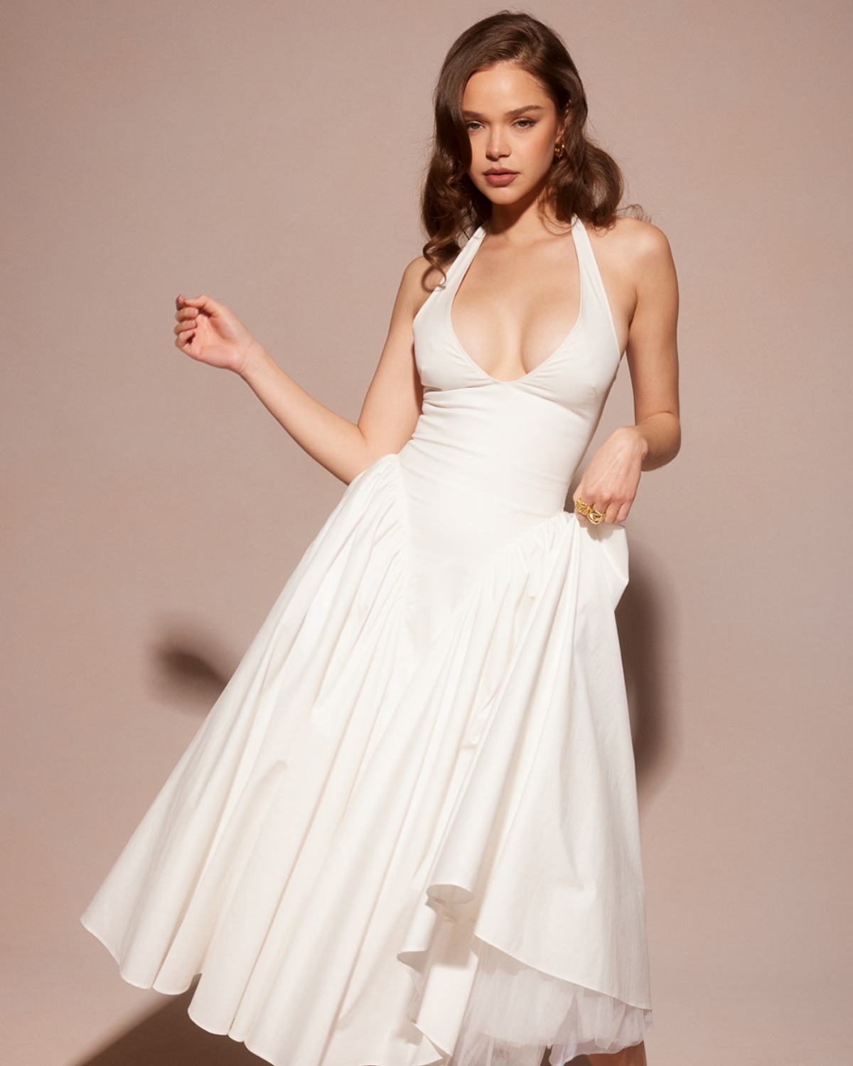 Halter Neck Plunging V Neck Dropped Waist Pleated Full Skirt Midi Dress
