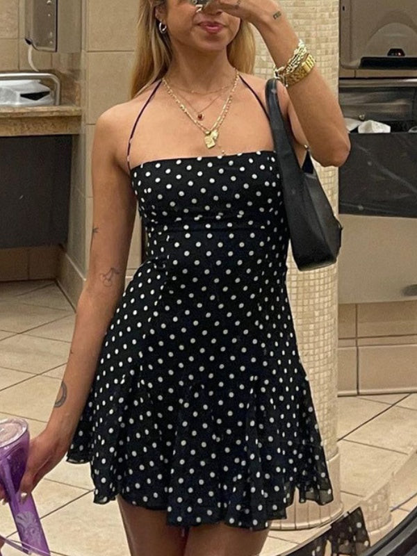 Polka Dot Print Fitted Waist Strapless Halter Neck Short Dress