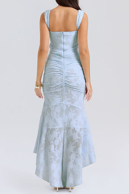 Floral Jacquard Corset Off Shoulder Ruched High Low Trumpet Maxi Gown