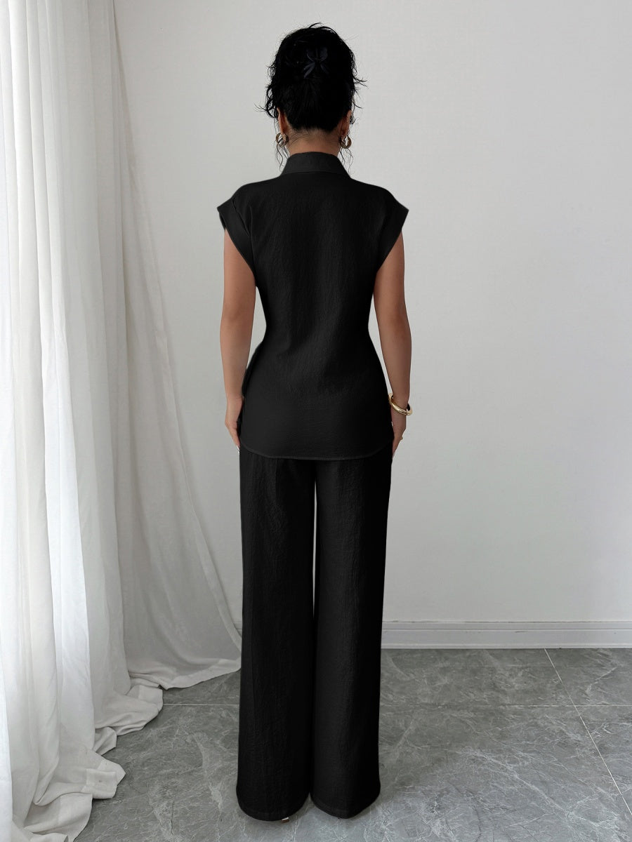 Lapel Sleeveless Kink Shirts Wide-leg Pants Business Suit 2-piece Sets