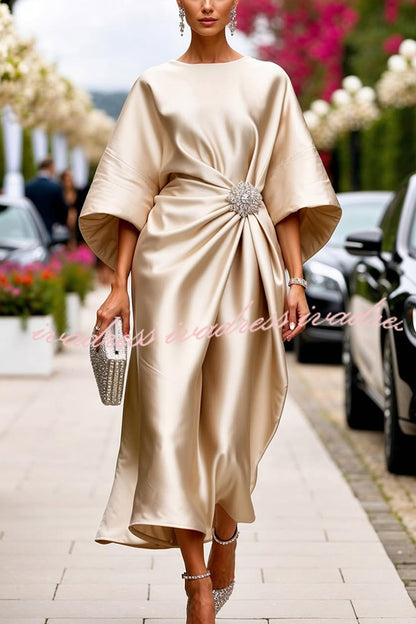 Satin Elegant Brooch Embellished Casual Round Neck Midi Dress