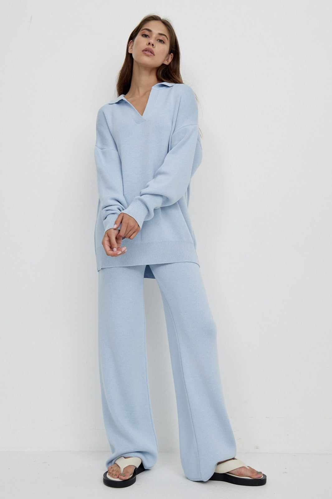 | Polo Collar Knit Pullover and Wide-Leg Pants Set