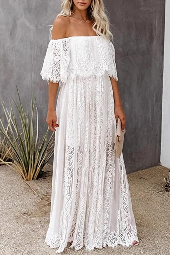 Off-Shoulder Floral Lace Overlay Scalloped Sheer Boho Maxi Dress