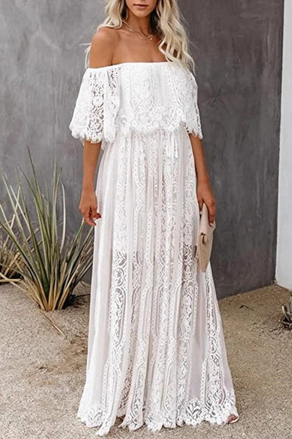 Off-Shoulder Floral Lace Overlay Scalloped Sheer Boho Maxi Dress