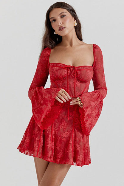 Lace Bell Sleeve Strapless Backless Graduation Party Dress