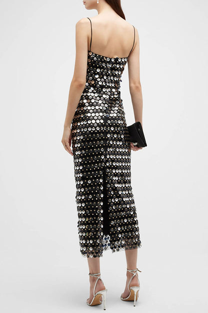 Sexy Sequined Halter-neck Backless Slim Fit Slit Midi Dress
