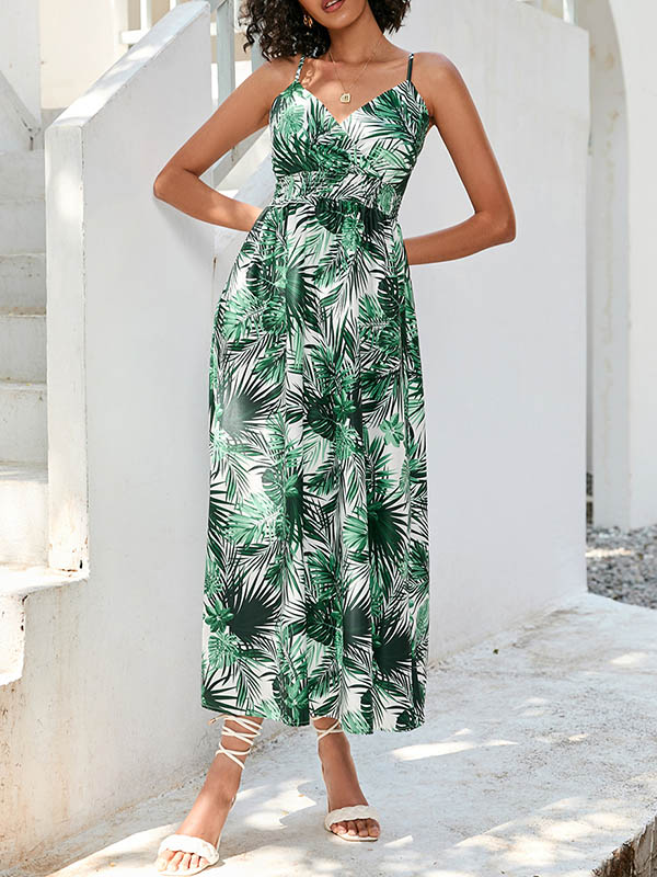 High Waisted Sleeveless Elasticity Leaves Print Spaghetti-Neck Midi Dresses