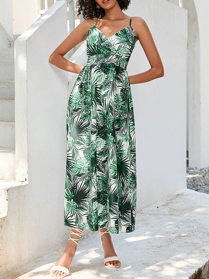 High Waisted Sleeveless Elasticity Leaves Print Spaghetti-Neck Midi Dresses
