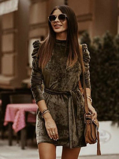 Velvet Dress Coffee Brown Knotted Pleated Party Long Sleeves High Collar Fall Short Mini Dresses