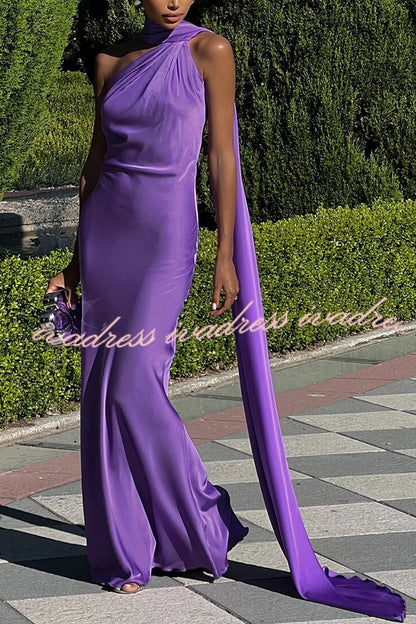 Crush on You Satin One Shoulder Backless Cape Maxi Dress