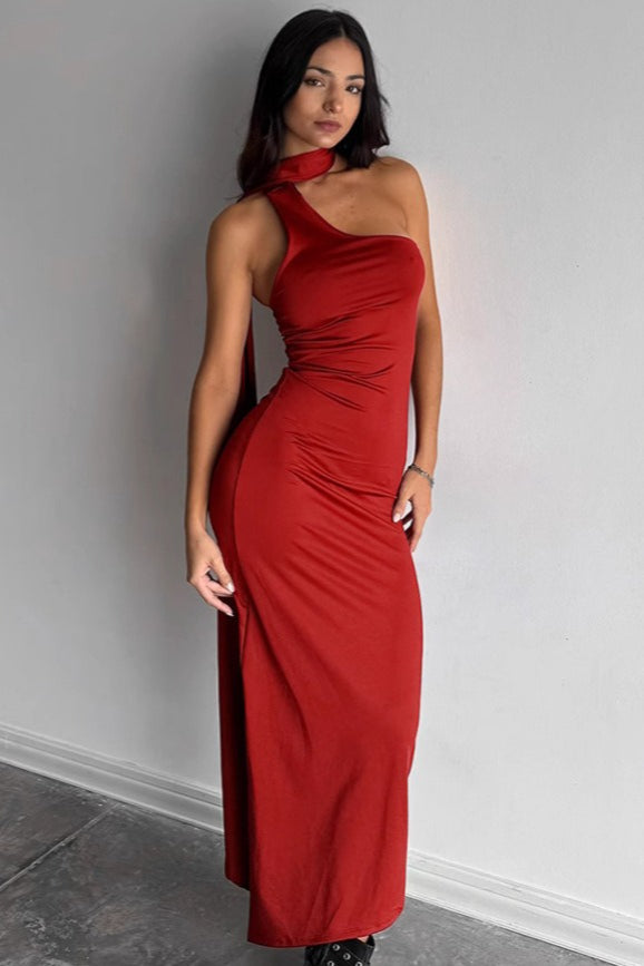 One-Shoulder Ruched High-Neck Bodycon Maxi Dress