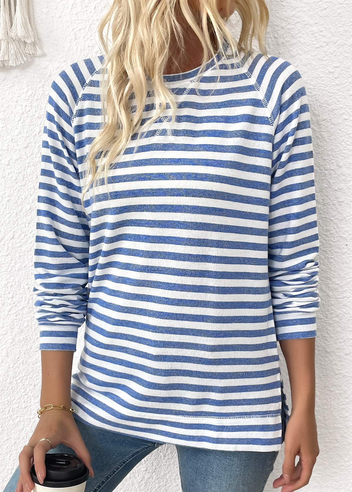 MODLILY DESIGN
                                                        Light Blue Striped Long Sleeve Round Neck T Shirt