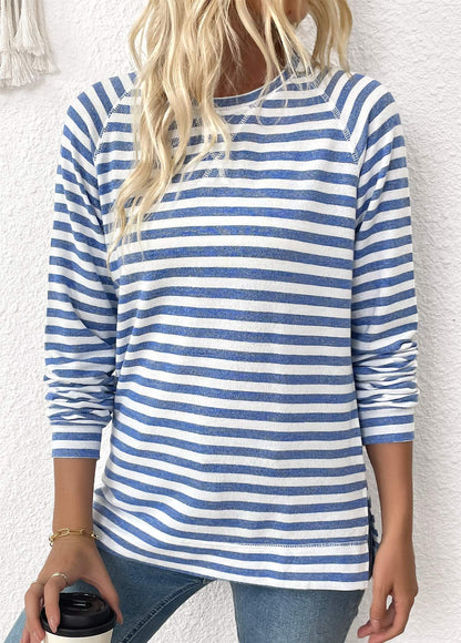 MODLILY DESIGN
                                                        Light Blue Striped Long Sleeve Round Neck T Shirt