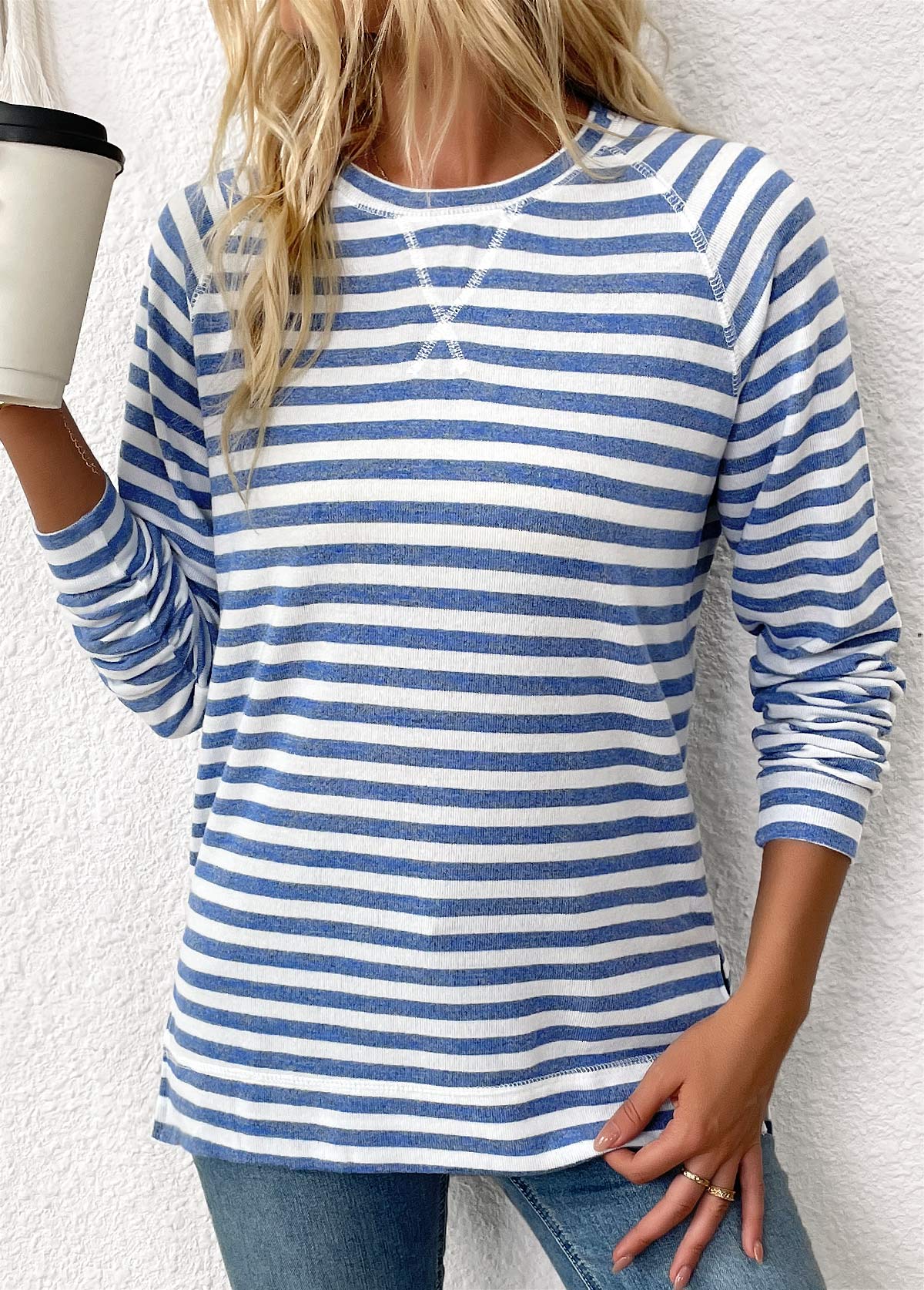 MODLILY DESIGN
                                                        Light Blue Striped Long Sleeve Round Neck T Shirt