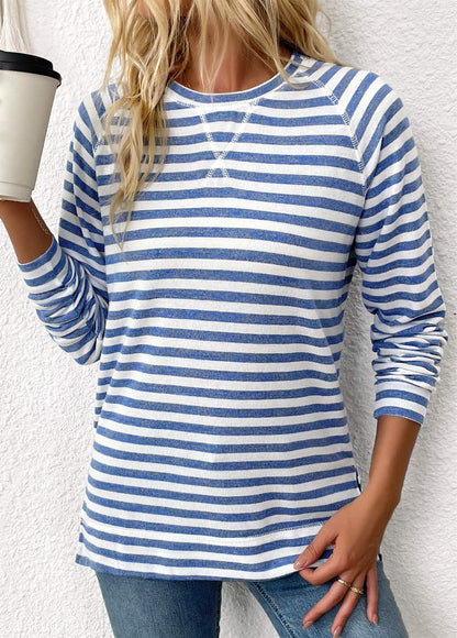 MODLILY DESIGN
                                                        Light Blue Striped Long Sleeve Round Neck T Shirt