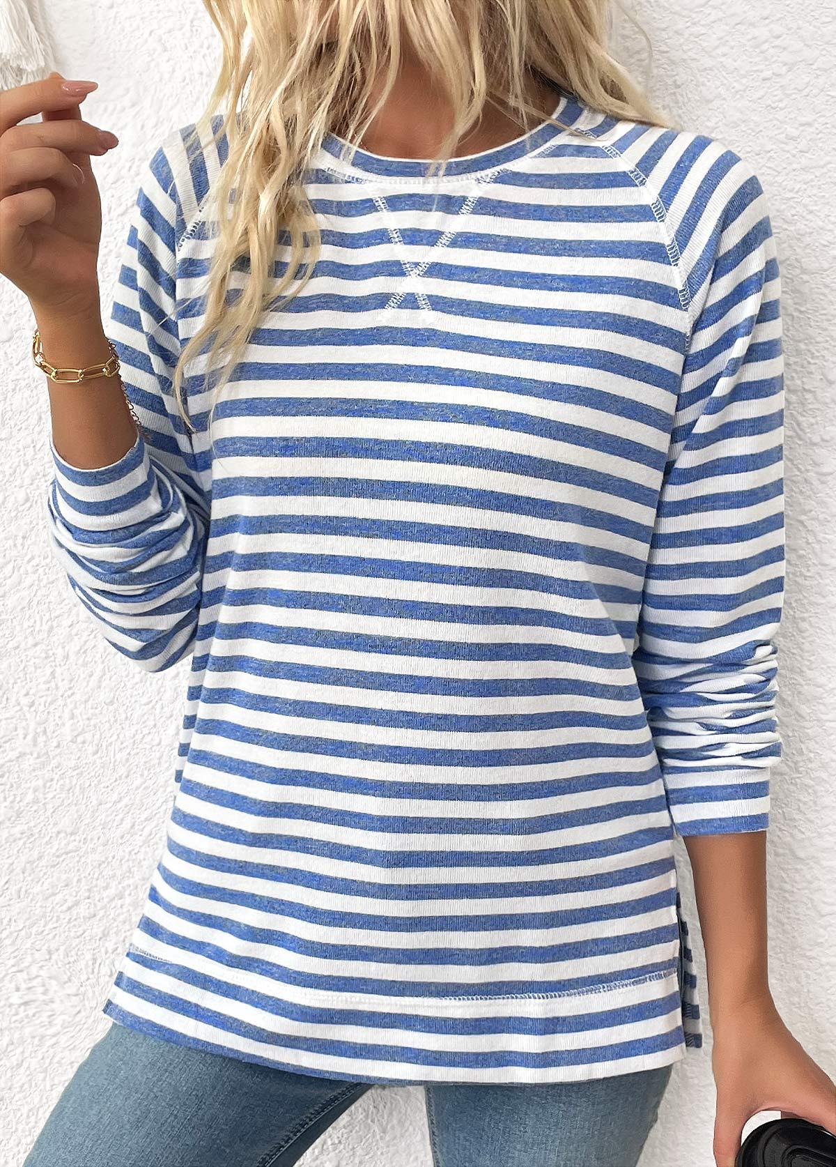 MODLILY DESIGN
                                                        Light Blue Striped Long Sleeve Round Neck T Shirt