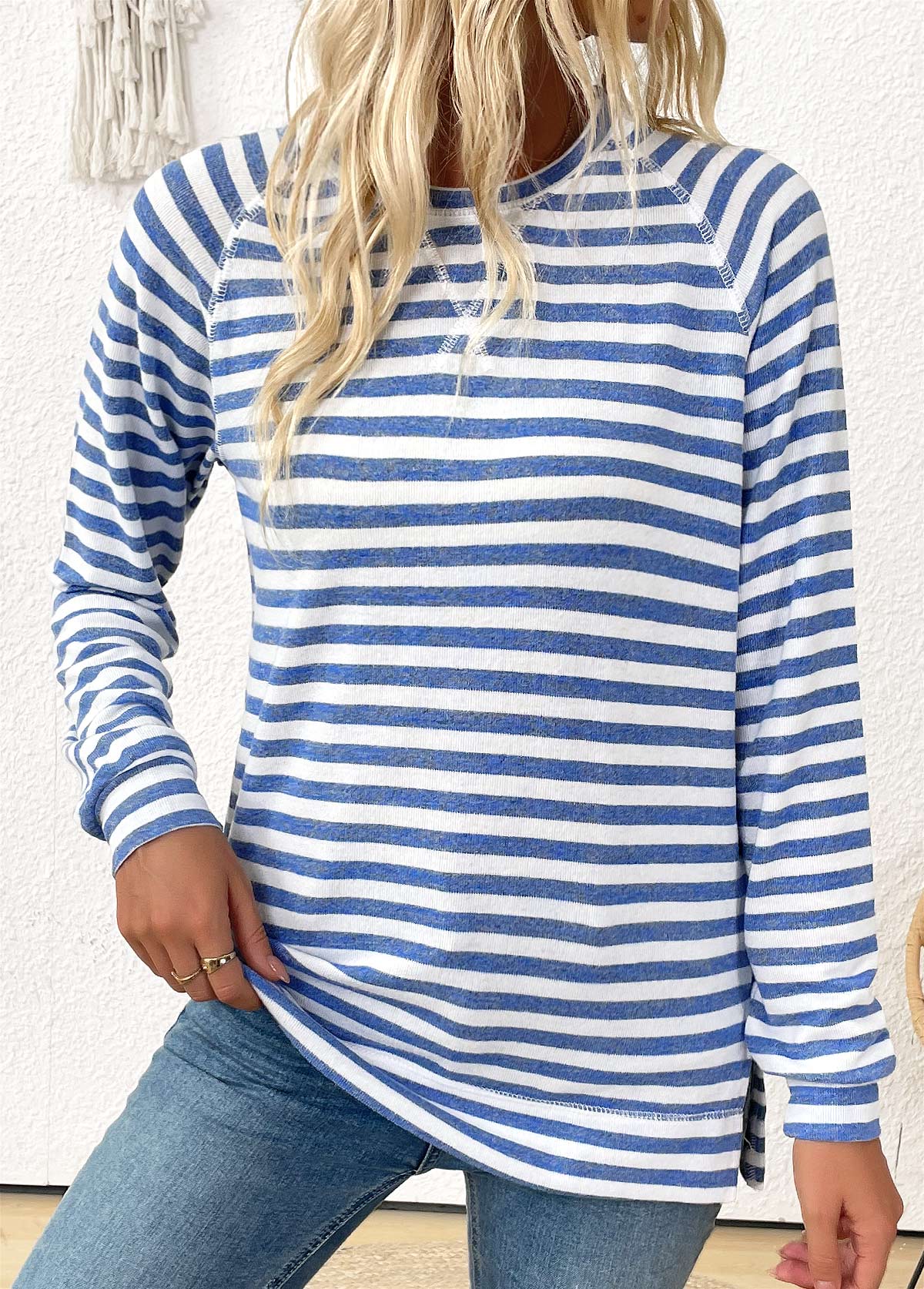 MODLILY DESIGN
                                                        Light Blue Striped Long Sleeve Round Neck T Shirt