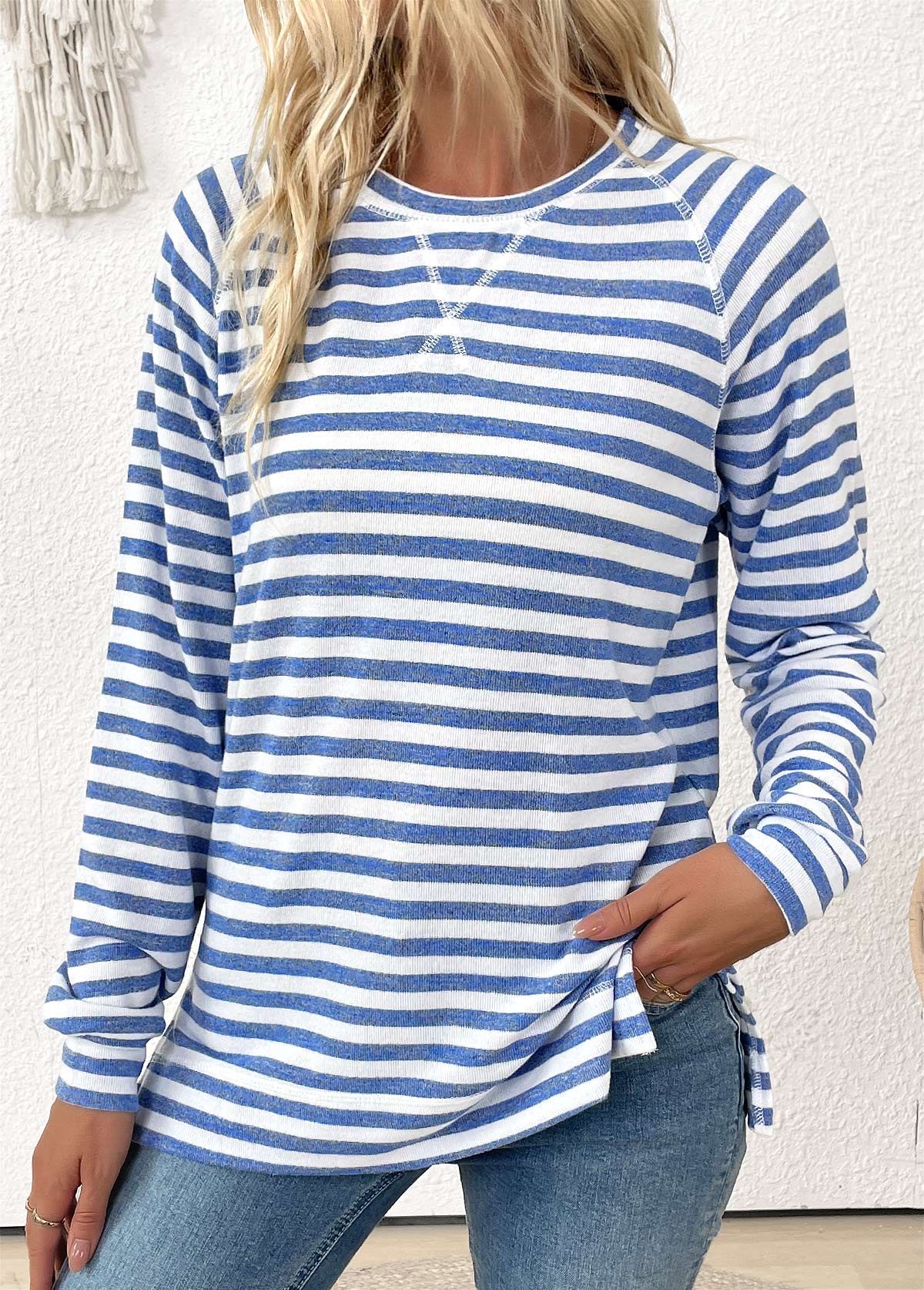MODLILY DESIGN
                                                        Light Blue Striped Long Sleeve Round Neck T Shirt